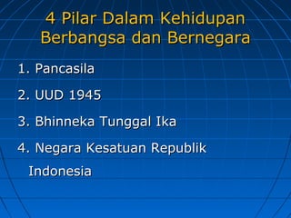44 PPiillaarr DDaallaamm KKeehhiidduuppaann 
BBeerrbbaannggssaa ddaann BBeerrnneeggaarraa 
11.. PPaannccaassiillaa 
22.. UUUUDD 11994455 
33.. BBhhiinnnneekkaa TTuunnggggaall IIkkaa 
44.. NNeeggaarraa KKeessaattuuaann RReeppuubblliikk 
IInnddoonneessiiaa 
 