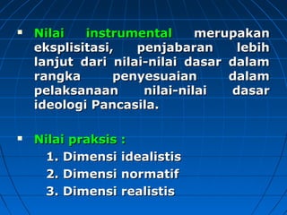  NNiillaaii iinnssttrruummeennttaall mmeerruuppaakkaann 
eekksspplliissiittaassii,, ppeennjjaabbaarraann lleebbiihh 
llaannjjuutt ddaarrii nniillaaii--nniillaaii ddaassaarr ddaallaamm 
rraannggkkaa ppeennyyeessuuaaiiaann ddaallaamm 
ppeellaakkssaannaaaann nniillaaii--nniillaaii ddaassaarr 
iiddeeoollooggii PPaannccaassiillaa.. 
 NNiillaaii pprraakkssiiss :: 
11.. DDiimmeennssii iiddeeaalliissttiiss 
22.. DDiimmeennssii nnoorrmmaattiiff 
33.. DDiimmeennssii rreeaalliissttiiss 
 