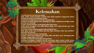1. Cenderung sulit menerima perubahan
Sikap terlalu mempertahankan keadaan lama dapat membuat masyarakat lambat
beradaptasi dengan perkembangan zaman.
2. Berpotensi menghambat inovasi dan perkembangan
Penolakan terhadap gagasan atau teknologi baru dapat menghambat kemajuan sosial,
ekonomi, dan teknologi.
3. Dapat mempertahankan tradisi yang sudah tidak sesuai
Tradisi yang merugikan atau tidak relevan dapat terus dipertahankan jika tidak
dievaluasi secara kritis.
4. Kurang terbuka terhadap gagasan dan perspektif baru
Sikap yang terlalu kaku terhadap nilai lama dapat membuat solusi atau pemikiran
alternatif sulit diterima.
5. Berisiko mempertahankan ketidakadilan
Struktur sosial atau kebiasaan lama yang tidak adil dapat terus berlangsung jika
dianggap sebagai bagian dari tradisi.
6. Dapat menimbulkan kesenjangan antargenerasi
Perbedaan pandangan mengenai nilai dan perubahan dapat memicu konflik antara
generasi yang lebih konservatif dan generasi yang lebih terbuka terhadap perubahan.
Kelemahan
 