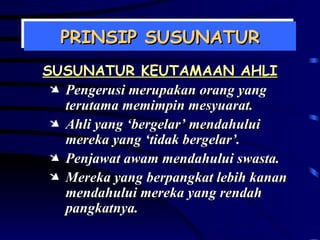 PRINSIP SUSUNATUR SUSUNATUR KEUTAMAAN AHLI Pengerusi merupakan orang yang terutama memimpin mesyuarat. Ahli yang ‘bergelar’ mendahului mereka yang ‘tidak bergelar’. Penjawat awam mendahului swasta. Mereka yang berpangkat lebih kanan mendahului mereka yang rendah pangkatnya. 