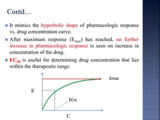  It mimics the hyperbolic shape of pharmacologic response 
vs. drug concentration curve. 
 After maximum response (Emax) has reached, no further 
increase in pharmacologic response is seen on increase in 
concentration of the drug. 
 EC50 is useful for determining drug concentration that lies 
within the therapeutic range. 
E 
EC50 
C 
Emax 
 