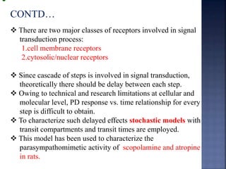 CONTD… 
 There are two major classes of receptors involved in signal 
transduction process: 
1.cell membrane receptors 
2.cytosolic/nuclear receptors 
 Since cascade of steps is involved in signal transduction, 
theoretically there should be delay between each step. 
 Owing to technical and research limitations at cellular and 
molecular level, PD response vs. time relationship for every 
step is difficult to obtain. 
 To characterize such delayed effects stochastic models with 
transit compartments and transit times are employed. 
 This model has been used to characterize the 
parasympathomimetic activity of scopolamine and atropine 
in rats. 
 