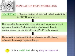 POPULATION PK/PD MODELLING 
OBJECTIVE : Characterisation of interindividual variability 
in PK/PD parameters. 
This includes the search for covariates such as patient weight, 
age, renal function & disease status which contribute to 
interindividual variability, affecting PK/PD relationship. 
The detection and quantification of covariate effects may 
influence the dosage regimen design. 
It is a useful tool during drug development. 
 