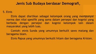 Jenis Sub Budaya berdasar Demografi,
5. Etnis
Etnis dapat diartikan sebagai kelompok orang yang mempunyai
norma dan nilai spesifik yang sama dalam persepsi dan kognisi yang
berbeda dengan persepsi dan kognisi kelompok lain dalam
masyarakat yang lebih luas.
Contoh: etnis Sunda yang umumnya berkulit sawo matang dan
beragama Islam.
Etnis Papua yang umumnya berkulit hitam dan beragama Kristen.
 