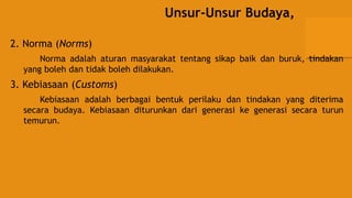 Unsur-Unsur Budaya,
2. Norma (Norms)
Norma adalah aturan masyarakat tentang sikap baik dan buruk, tindakan
yang boleh dan tidak boleh dilakukan.
3. Kebiasaan (Customs)
Kebiasaan adalah berbagai bentuk perilaku dan tindakan yang diterima
secara budaya. Kebiasaan diturunkan dari generasi ke generasi secara turun
temurun.
 