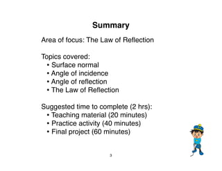 Summary
Area of focus: The Law of Reﬂection

Topics covered:
 • Surface normal
 • Angle of incidence
 • Angle of reﬂection...