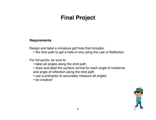 Final Project


Requirements

Design and label a miniature golf hole that includes:
  • the shot path to get a hole-in-one...