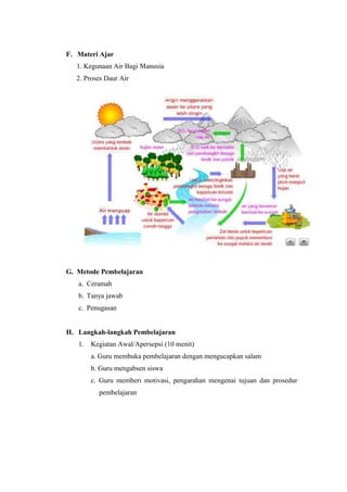 F. Materi Ajar
1. Kegunaan Air Bagi Manusia
2. Proses Daur Air
G. Metode Pembelajaran
a. Ceramah
b. Tanya jawab
c. Penugasan
H. Langkah-langkah Pembelajaran
1. Kegiatan Awal/Apersepsi (10 menit)
a. Guru membuka pembelajaran dengan mengucapkan salam
b. Guru mengabsen siswa
c. Guru memberi motivasi, pengarahan mengenai tujuan dan prosedur
pembelajaran
 