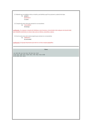 

22. Relación que se establece entre un macho y una hembra cuyo fin es procrear y cuidar de los hijos
A) gregaria
B) familiar X
C) social



23. Conjunto de seres vivos que conviven en un ecosistema
A) Comunidad X
B) biotopo
Justificación: Es un grupo o conjunto de individuos, seres humanos, o de animales (o de cualquier otro tipo de vida)
que comparten elementos en común, tales como un idioma, costumbres, valores.



24. Son los seres vivos de la misma especie que conviven en un ecosistema
A) Población X
B) comunidad
Justificación: Es el grupo de personas que viven en un área o espacio geográfico

Clave
1.A 2.B 3.B 4.A 5.A 6.A 7.B 8.A 9.A 10.C
11.B 12.A 13.B 14.C 15.B 16.A 17.B 18.A 19.A 20.B
21.B 22.B 23.A 24.A

 
