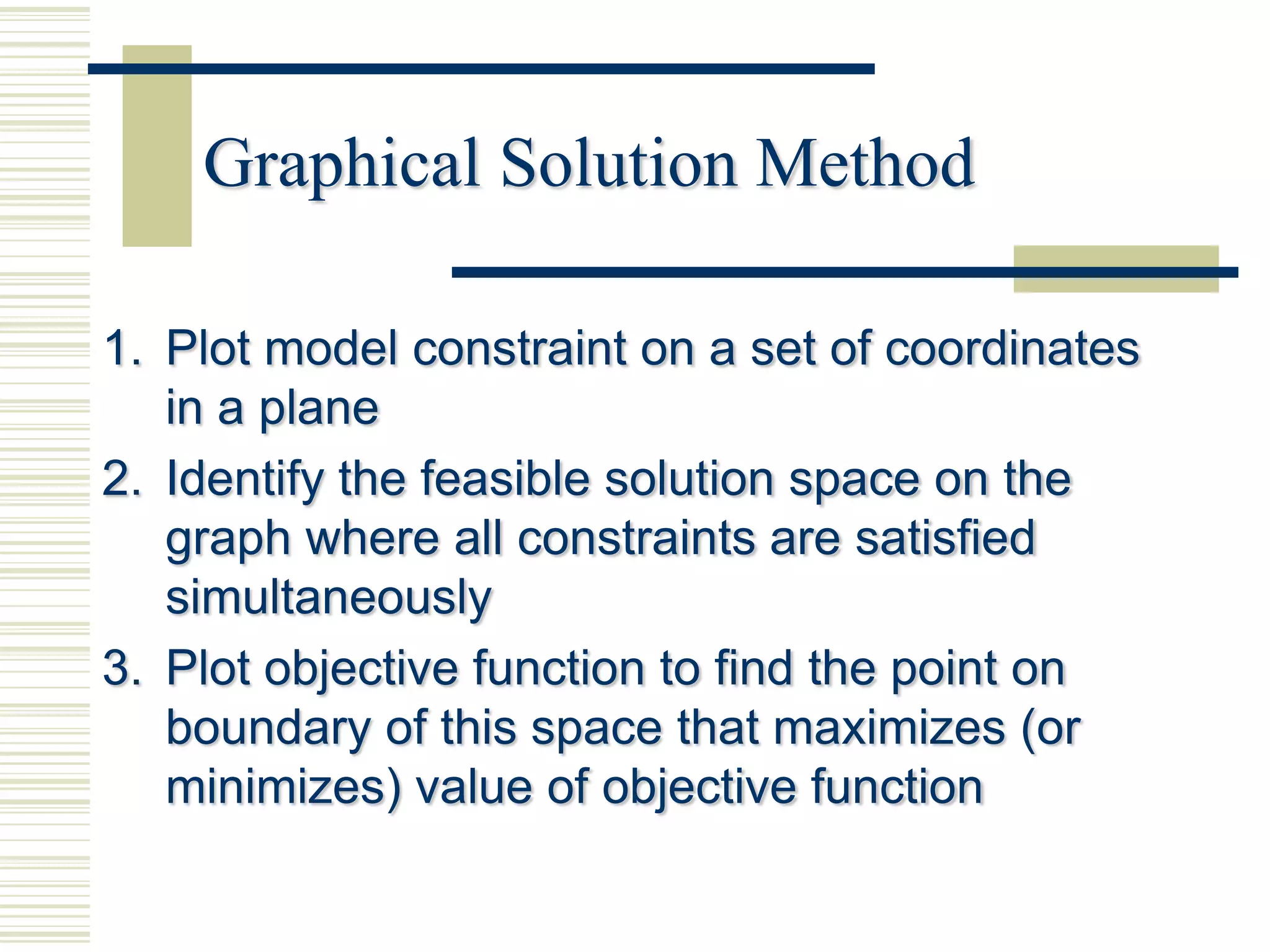 Graphical Solution Method

1. Plot model constraint on a set of coordinates
   in a plane
2. Identify the feasible solution space on the
   graph where all constraints are satisfied
   simultaneously
3. Plot objective function to find the point on
   boundary of this space that maximizes (or
   minimizes) value of objective function
 