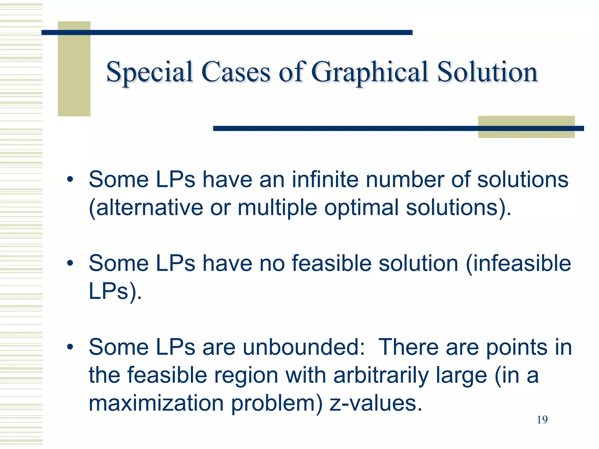 Special Cases of Graphical Solution


• Some LPs have an infinite number of solutions
  (alternative or multiple optimal solutions).

• Some LPs have no feasible solution (infeasible
  LPs).

• Some LPs are unbounded: There are points in
  the feasible region with arbitrarily large (in a
  maximization problem) z-values.
                                              19
 