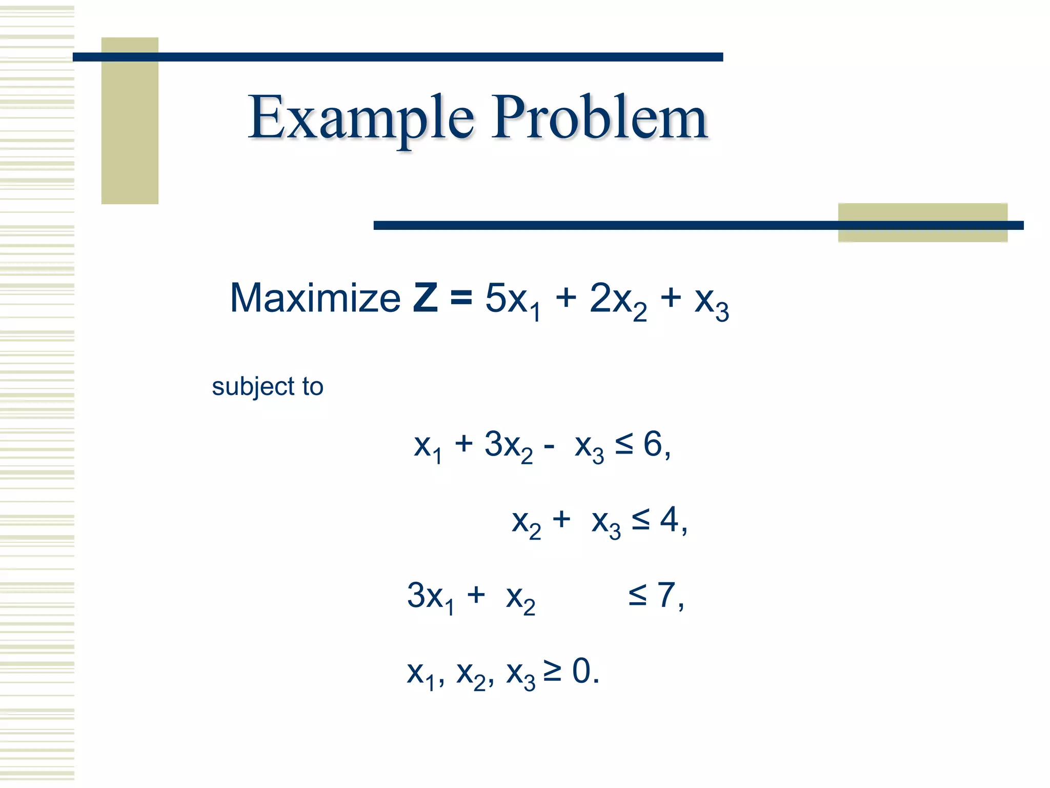 Example Problem

 Maximize Z = 5x1 + 2x2 + x3

subject to

             x1 + 3x2 - x3 ≤ 6,

                     x2 + x3 ≤ 4,

             3x1 + x2          ≤ 7,

             x1, x2, x3 ≥ 0.
 