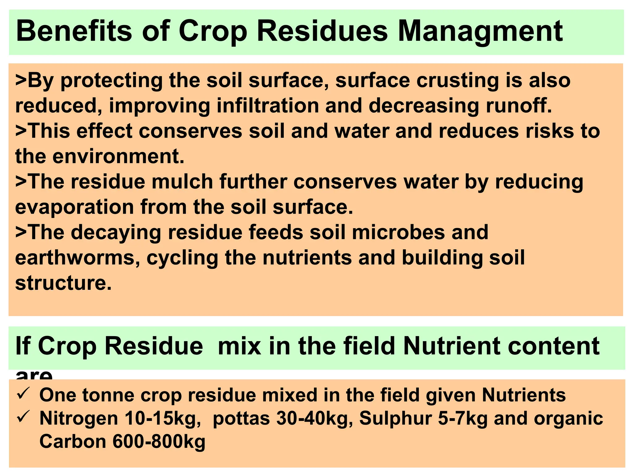 Benefits of Crop Residues Managment
If Crop Residue mix in the field Nutrient content
are
>By protecting the soil surface, surface crusting is also
reduced, improving infiltration and decreasing runoff.
>This effect conserves soil and water and reduces risks to
the environment.
>The residue mulch further conserves water by reducing
evaporation from the soil surface.
>The decaying residue feeds soil microbes and
earthworms, cycling the nutrients and building soil
structure.
 One tonne crop residue mixed in the field given Nutrients
 Nitrogen 10-15kg, pottas 30-40kg, Sulphur 5-7kg and organic
Carbon 600-800kg
 