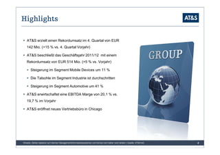 Highlights

   AT&S erzielt einen Rekordumsatz im 4. Quartal von EUR
   142 Mio. (+15 % vs. 4. Quartal Vorjahr)

   AT&S beschließt das Geschäftsjahr 2011/12 mit einem
   Rekordumsatz von EUR 514 Mio. (+5 % vs. Vorjahr)

       Steigerung im Segment Mobile Devices um 11 %

       Die Talsohle im Segment Industrie ist durchschritten

       Steigerung im Segment Automotive um 41 %

   AT&S erwirtschaftet eine EBITDA Marge von 20,1 % vs.
   19,7 % im Vorjahr

   AT&S eröffnet neues Vertriebsbüro in Chicago




Hinweis: Zahlen basieren auf internen Managementinformationssystemen und können sich daher noch ändern | Quelle: AT&S AG   4
 