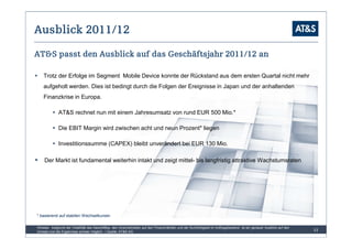 Ausblick 2011/12
AT&S passt den Ausblick auf das Geschäftsjahr 2011/12 an

    Trotz der Erfolge im Segment Mobile Device konnte der Rückstand aus dem ersten Quartal nicht mehr
    aufgeholt werden. Dies ist bedingt durch die Folgen der Ereignisse in Japan und der anhaltenden
    Finanzkrise in Europa.

              AT&S rechnet nun mit einem Jahresumsatz von rund EUR 500 Mio.*

              Die EBIT Margin wird zwischen acht und neun Prozent* liegen

              Investitionssumme (CAPEX) bleibt unverändert bei EUR 130 Mio.

    Der Markt ist fundamental weiterhin intakt und zeigt mittel- bis langfristig attraktive Wachstumsraten




* basierend auf stabilen Wechselkursen

Hinweis: Aufgrund der Volatilität des Geschäftes, den Unsicherheiten auf den Finanzmärkten und der Kurzfristigkeit im Auftragsbestand ist ein genauer Ausblick auf den
Umsatz und die Ergebnisse schwer möglich. | Quelle: AT&S AG                                                                                                              11
 