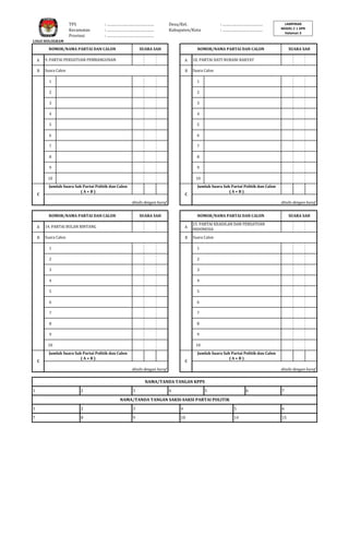 TPS
Kecamatan
Provinsi

: ……………………………………
: ……………………………………
: ……………………………………

Desa/Kel.
Kabupaten/Kota

: ………………………………
: ………………………………

LAMPIRAN
MODEL C 1 DPR
Halaman 3

LOGO HOLOGRAM

NOMOR/NAMA PARTAI DAN CALON

SUARA SAH

NOMOR/NAMA PARTAI DAN CALON

A

9. PARTAI PERSATUAN PEMBANGUNAN

A

10. PARTAI HATI NURANI RAKYAT

B

Suara Calon

B

SUARA SAH

Suara Calon

1
2

2

3

3

4

4

5

5

6

6

7

7

8

8

9

9

10

C

1

10

Jumlah Suara Sah Partai Politik dan Calon
(A+B)

C

Jumlah Suara Sah Partai Politik dan Calon
(A+B)

ditulis dengan huruf
NOMOR/NAMA PARTAI DAN CALON

ditulis dengan huruf

SUARA SAH

NOMOR/NAMA PARTAI DAN CALON

A

14. PARTAI BULAN BINTANG

A

B

Suara Calon

B

SUARA SAH

15. PARTAI KEADILAN DAN PERSATUAN
INDONESIA
Suara Calon

1
2

2

3

3

4

4

5

5

6

6

7

7

8

8

9

9

10

C

1

10

Jumlah Suara Sah Partai Politik dan Calon
(A+B)

C

Jumlah Suara Sah Partai Politik dan Calon
(A+B)

ditulis dengan huruf

ditulis dengan huruf

NAMA/TANDA TANGAN KPPS
1

2

3

4

5

6

7

NAMA/TANDA TANGAN SAKSI-SAKSI PARTAI POLITIK
1

2

3

4

5

6

7

8

9

10

14

15

 