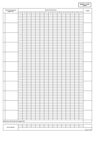 MODEL C 1 DPD
PLANO

Nomor dan Nama Calon
Anggota DPD

Rincian Perolehan Suara
1

2

3

4

5

6

7

8

9

Jumlah
10

11

12

13

14

15

Jumlah Suara Sah Seluruh Calon Anggota DPD

Suara Tidak Sah
(dengan huruf)

 