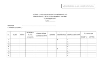 LEMBAR PENELITIAN ADMINISTRASI KEANGGOTAAN
PARTAI POLITIK CALON PESERTA PEMILU TINGKAT
KABUPATEN/KOTA
PARTAI…………..
PROVINSI : ……………………………………………………………………
KABUPATEN/KOTA *) : …………………………………………………………………..
No. NAMA UMUR
NO. KARTU
TANDA
ANGGOTA
NOMOR INDUK
KEPENDUDUKAN
ALAMAT KECAMATAN DESA/KELURAHAN
KETERANGAN
KODE**) MS/TMS
1. A. 1.
2. 2.
3. 3.
4. 4.
5. B. 1.
6. 2.
7. 3.
8. 4.
LAMPIRAN 1 MODEL BA.ADM.KPU.KAB/KOTA-PARPOL
 
