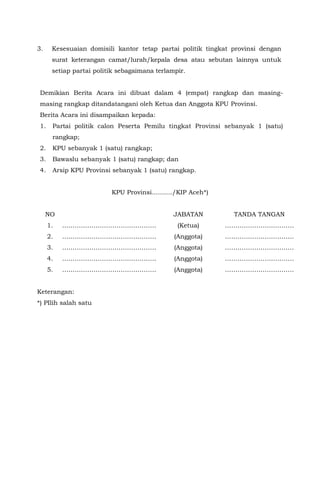 3. Kesesuaian domisili kantor tetap partai politik tingkat provinsi dengan
surat keterangan camat/lurah/kepala desa atau sebutan lainnya untuk
setiap partai politik sebagaimana terlampir.
Demikian Berita Acara ini dibuat dalam 4 (empat) rangkap dan masing-
masing rangkap ditandatangani oleh Ketua dan Anggota KPU Provinsi.
Berita Acara ini disampaikan kepada:
1. Partai politik calon Peserta Pemilu tingkat Provinsi sebanyak 1 (satu)
rangkap;
2. KPU sebanyak 1 (satu) rangkap;
3. Bawaslu sebanyak 1 (satu) rangkap; dan
4. Arsip KPU Provinsi sebanyak 1 (satu) rangkap.
KPU Provinsi........../KIP Aceh*)
NO JABATAN TANDA TANGAN
1. ……………………………………… (Ketua) ……………………………
2. ……………………………………… (Anggota) ……………………………
3. ……………………………………… (Anggota) ……………………………
4. ……………………………………… (Anggota) ……………………………
5. ……………………………………… (Anggota) ……………………………
Keterangan:
*) PIlih salah satu
 