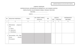 LEMBAR VERIFIKASI
KEPENGURUSAN, KETERWAKILAN PEREMPUAN, DAN DOMISILI KANTOR
PARTAI POLITIK CALON PESERTA PEMILU TINGKAT PROVINSI
PROVINSI...........................................
PARTAI …..……………………………………..
NO. KEGIATAN VERIFIKASI NAMA
NO. KARTU TANDA
ANGGOTA
NIK
STATUS KETERANGAN
(MS/BMS)
Ada Tidak Ada
1 2 3 4 5 6 7 8
1. Keberadaan pengurus
inti
a. Ketua
b. Sekretaris
c. Bendahara
2. Keterwakilan 30% (Tiga
Puluh Persen)
Perempuan
LAMPIRAN MODEL BA.FK.KPU.PROV-PARPOL
 