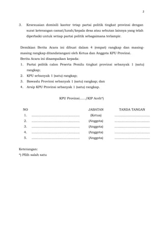 2
3. Kesesuaian domisili kantor tetap partai politik tingkat provinsi dengan
surat keterangan camat/lurah/kepala desa atau sebutan lainnya yang telah
diperbaiki untuk setiap partai politik sebagaimana terlampir.
Demikian Berita Acara ini dibuat dalam 4 (empat) rangkap dan masing-
masing rangkap ditandatangani oleh Ketua dan Anggota KPU Provinsi.
Berita Acara ini disampaikan kepada:
1. Partai politik calon Peserta Pemilu tingkat provinsi sebanyak 1 (satu)
rangkap;
2. KPU sebanyak 1 (satu) rangkap;
3. Bawaslu Provinsi sebanyak 1 (satu) rangkap; dan
4. Arsip KPU Provinsi sebanyak 1 (satu) rangkap.
KPU Provinsi....../KIP Aceh*)
NO JABATAN TANDA TANGAN
1. ……………………………………… (Ketua) ……………………………
2. ……………………………………… (Anggota) ……………………………
3. ……………………………………… (Anggota) ……………………………
4. ……………………………………… (Anggota) ……………………………
5. ……………………………………… (Anggota) ……………………………
Keterangan:
*) PIlih salah satu
 