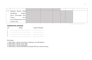 2
……..........., ……………….
VERIFIKATOR LAPANGAN,
Keterangan:
1. Pada kolom 3 ditulis nama Ketua, Sekretaris, dan Bendahara.
2. Pada kolom 4 ditulis nomor KTA.
3. Pada Kolom 5 ditulis nomor NIK.
4. Pada Kolom 8 ditulis MS/BMS dan apabila BM harus disertai alasan.
3. Domisili Kantor yang
dibuktikan dengan
Surat Keterangan dari
Camat atau
Lurah/Kepala Desa atau
sebutan lain
NO NAMA TANDA TANGAN
1. ……………………………………………. ……………………...
2. ……………………………………………. ……………………...
3. ……………………………………………. ……………………...
4. ……………………………………………. ……………………...
 