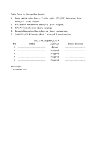 Berita Acara ini disampaikan kepada:
1. Partai politik calon Peserta Pemilu tingkat KPU/KIP Kabupaten/Kota*)
sebanyak 1 (satu) rangkap;
2. KPU melalui KPU Provinsi sebanyak 1 (satu) rangkap;
3. KPU Provinsi sebanyak 1 (satu) rangkap;
4. Bawaslu Kabupaten/Kota sebanyak 1 (satu) rangkap; dan
5. Arsip KPU/KIP Kabupaten/Kota *) sebanyak 1 (satu) rangkap.
KPU/KIP Kabupaten/Kota *)
NO NAMA JABATAN TANDA TANGAN
1. ……………………………………… (Ketua) ……………………………
2. ……………………………………… (Anggota) ……………………………
3. ……………………………………… (Anggota) ……………………………
4. ……………………………………… (Anggota) ……………………………
5. ……………………………………… (Anggota) ……………………………
Keterangan:
*) Pilih salah satu.
 