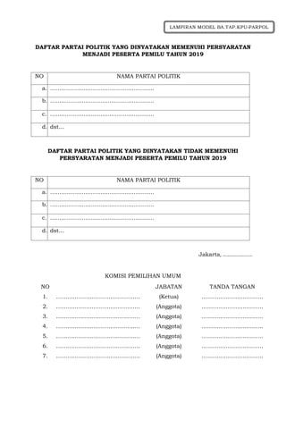 DAFTAR PARTAI POLITIK YANG DINYATAKAN MEMENUHI PERSYARATAN
MENJADI PESERTA PEMILU TAHUN 2019
NO NAMA PARTAI POLITIK
a. …….…….…….…….…….…….…….…….
b. …….…….…….…….…….…….…….…….
c. …….…….…….…….…….…….…….…….
d. dst…
DAFTAR PARTAI POLITIK YANG DINYATAKAN TIDAK MEMENUHI
PERSYARATAN MENJADI PESERTA PEMILU TAHUN 2019
NO NAMA PARTAI POLITIK
a. …….…….…….…….…….…….…….…….
b. …….…….…….…….…….…….…….…….
c. …….…….…….…….…….…….…….…….
d. dst…
Jakarta, …………………....
KOMISI PEMILIHAN UMUM
NO JABATAN TANDA TANGAN
1. ……………………………………… (Ketua) ……………………………
2. ……………………………………… (Anggota) ……………………………
3. ……………………………………… (Anggota) ……………………………
4. ……………………………………… (Anggota) ……………………………
5. ……………………………………… (Anggota) ……………………………
6. ……………………………………… (Anggota) ……………………………
7. ……………………………………… (Anggota) ……………………………
LAMPIRAN MODEL BA.TAP.KPU-PARPOL
 