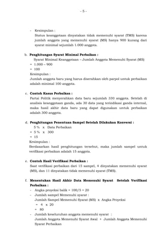 - 5 -
- Kesimpulan :
Status keanggotaan dinyatakan tidak memenuhi syarat (TMS) karena
jumlah anggota yang memenuhi syarat (MS) hanya 900 kurang dari
syarat minimal sejumlah 1.000 anggota.
b. Penghitungan Syarat Minimal Perbaikan :
Syarat Minimal Keanggotaan – Jumlah Anggota Memenuhi Syarat (MS)
= 1.000 – 900
= 100
Kesimpulan :
Jumlah anggota baru yang harus diserahkan oleh parpol untuk perbaikan
adalah minimal 100 anggota.
c. Contoh Kasus Perbaikan :
Partai Politik menyerahkan data baru sejumlah 330 anggota. Setelah di
analisis keanggotaan ganda, ada 30 data yang terindikasi ganda internal,
maka hasil akhir data baru yang dapat digunakan untuk perbaikan
adalah 300 anggota.
d. Penghitungan Penentuan Sampel Setelah Dilakukan Konversi :
5 % x Data Perbaikan
= 5 % x 300
= 15
Kesimpulan :
Berdasarkan hasil penghitungan tersebut, maka jumlah sampel untuk
verifikasi perbaikan adalah 15 anggota.
e. Contoh Hasil Verifikasi Perbaikan :
Saat verifikasi perbaikan dari 15 sampel, 4 dinyatakan memenuhi syarat
(MS), dan 11 dinyatakan tidak memenuhi syarat (TMS).
f. Menentukan Hasil Akhir Data Memenuhi Syarat Setelah Verifikasi
Perbaikan :
- Angka proyeksi balik = 100/5 = 20
- Jumlah sampel Memenuhi syarat :
Jumlah Sampel Memenuhi Syarat (MS) x Angka Proyeksi
= 4 x 20
= 80
- Jumlah keseluruhan anggota memenuhi syarat :
Jumlah Anggota Memenuhi Syarat Awal + Jumlah Anggota Memenuhi
Syarat Perbaikan
 
