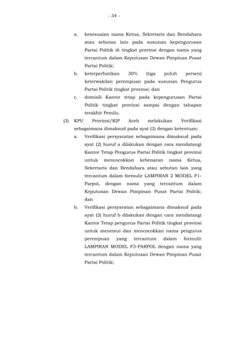 - 34 -
a. kesesuaian nama Ketua, Sekretaris dan Bendahara
atau sebutan lain pada susunan kepengurusan
Partai Politik di tingkat provinsi dengan nama yang
tercantum dalam Keputusan Dewan Pimpinan Pusat
Partai Politik;
b. keterperhatikan 30% (tiga puluh persen)
keterwakilan perempuan pada susunan Pengurus
Partai Politik tingkat provinsi; dan
c. domisili Kantor tetap pada kepengurusan Partai
Politik tingkat provinsi sampai dengan tahapan
terakhir Pemilu.
(3) KPU Provinsi/KIP Aceh melakukan Verifikasi
sebagaimana dimaksud pada ayat (2) dengan ketentuan:
a. Verifikasi persyaratan sebagaimana dimaksud pada
ayat (2) huruf a dilakukan dengan cara mendatangi
Kantor Tetap Pengurus Partai Politik tingkat provinsi
untuk mencocokkan kebenaran nama Ketua,
Sekretaris dan Bendahara atau sebutan lain yang
tercantum dalam formulir LAMPIRAN 2 MODEL F1-
Parpol, dengan nama yang tercantum dalam
Keputusan Dewan Pimpinan Pusat Partai Politik;
dan
b. Verifikasi persyaratan sebagaimana dimaksud pada
ayat (2) huruf b dilakukan dengan cara mendatangi
Kantor Tetap pengurus Partai Politik tingkat provinsi
untuk menemui dan mencocokkan nama pengurus
perempuan yang tercantum dalam formulir
LAMPIRAN MODEL F3-PARPOL dengan nama yang
tercantum dalam Keputusan Dewan Pimpinan Pusat
Partai Politik;
 