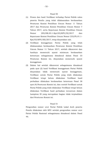 - 52 -
Pasal 50
(1) Proses dan hasil Verifikasi terhadap Partai Politik calon
peserta Pemilu yang telah dilaksanakan berdasarkan
Peraturan Komisi Pemilihan Umum Nomor 11 Tahun
2017 dan Peraturan Komisi Pemilihan Umum Nomor 7
Tahun 2017, serta Keputusan Komisi Pemilihan Umum
Nomor 205/HK.03.1-Kpt/03/KPU/XI/2017 dan
Keputusan Komisi Pemilihan Umum Nomor 233/PL.01.1-
Kpt/03/KPU/XII/2017, tetap dinyatakan sah.
(2) Verifikasi keanggotaan Partai Politik yang telah
dilaksanakan berdasarkan Peraturan Komisi Pemilihan
Umum Nomor 11 Tahun 2017, setelah dikonversi dan
hasilnya memenuhi syarat minimum berdasarkan
ketentuan sebagaimana dimaksud dalam Pasal 33
Peraturan Komisi ini, dinyatakan memenuhi syarat
keanggotaan.
(3) Dalam hal setelah dikonversi sebagaimana dimaksud
pada ayat (2) hasil Verifikasi keanggotaan Partai Politik
dinyatakan tidak memenuhi syarat keanggotaan,
Verifikasi untuk Partai Politik yang telah dilakukan
Verifikasi tetapi belum dilakukan Verifikasi hasil
perbaikan dilakukan berdasarkan ketentuan Pasal 38
ayat (4) Peraturan Komisi ini, dan contoh Verifikasi untuk
Partai Politik yang telah dilakukan Verifikasi tetapi belum
dilakukan Verifikasi hasil perbaikan tercantum dalam
Lampiran III yang merupakan bagian tidak terpisahkan
dari Peraturan Komisi ini.
Pasal 51
Pengundian nomor urut Partai Politik Lokal Aceh peserta
Pemilu dilakukan oleh KPU setelah pengundian nomor urut
Partai Politik Nasional sebagaimana dimaksud dalam Pasal
46.
 