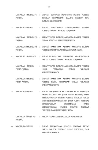 - 2 -
LAMPIRAN 4 MODEL F1-
PARPOL
: DAFTAR SUSUNAN PENGURUS PARTAI POLITIK
TINGKAT KECAMATAN (PALING SEDIKIT 50%
JUMLAH KECAMATAN)
3. MODEL F2-PARPOL : SURAT PERNYATAAN KEANGGOTAAN PARTAI
POLITIK TINGKAT KABUPATEN/KOTA
LAMPIRAN 1 MODEL F2-
PARPOL
: REKAPITULASI JUMLAH ANGGOTA PARTAI POLITIK
DALAM WILAYAH KABUPATEN/KOTA
LAMPIRAN 2 MODEL F2-
PARPOL
: DAFTAR NAMA DAN ALAMAT ANGGOTA PARTAI
POLITIK DALAM WILAYAH KABUPATEN/KOTA
4. MODEL F2.HP-PARPOL : SURAT PERNYATAAN PERBAIKAN KEANGGOTAAN
PARTAI POLITIK TINGKAT KABUPATEN/KOTA
LAMPIRAN 1 MODEL
F2.HP-PARPOL
: REKAPITULASI JUMLAH ANGGOTA PARTAI POLITIK
HASIL PERBAIKAN DALAM WILAYAH
KABUPATEN/KOTA
LAMPIRAN 2 MODEL
F2.HP-PARPOL
: DAFTAR NAMA DAN ALAMAT ANGGOTA PARTAI
POLITIK HASIL PERBAIKAN DALAM WILAYAH
KABUPATEN/KOTA
5. MODEL F3-PARPOL : SURAT PERNYATAAN KETERWAKILAN PEREMPUAN
PALING SEDIKIT 30% (TIGA PULUH PERSEN) PADA
KEPENGURUSAN PARTAI POLITIK TINGKAT PUSAT
DAN MEMPERHATIKAN 30% (TIGA PULUH PERSEN)
KETERWAKILAN PEREMPUAN PADA
KEPENGURUSAN PARTAI POLITIK TINGKAT
PROVINSI DAN KABUPATEN/KOTA
LAMPIRAN MODEL F3-
PARPOL
: REKAPITULASI KETERWAKILAN PEREMPUAN
6. MODEL F4-PARPOL : SURAT PERNYATAAN STATUS KANTOR TETAP
PARTAI POLITIK TINGKAT PUSAT, PROVINSI, DAN
KABUPATEN/KOTA
 