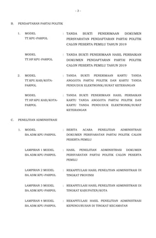 - 3 -
B. PENDAFTARAN PARTAI POLITIK
1. MODEL
TT.KPU-PARPOL
: TANDA BUKTI PENERIMAAN DOKUMEN
PERSYARATAN PENDAFTARAN PARTAI POLITIK
CALON PESERTA PEMILU TAHUN 2019
MODEL
TT.HP.KPU-PARPOL
: TANDA BUKTI PENERIMAAN HASIL PERBAIKAN
DOKUMEN PENDAFTARAN PARTAI POLITIK
CALON PESERTA PEMILU TAHUN 2019
2. MODEL
TT.KPU.KAB/KOTA-
PARPOL
: TANDA BUKTI PENERIMAAN KARTU TANDA
ANGGOTA PARTAI POLITIK DAN KARTU TANDA
PENDUDUK ELEKTRONIK/SURAT KETERANGAN
MODEL
TT.HP.KPU.KAB/KOTA-
PARPOL
: TANDA BUKTI PENERIMAAN HASIL PERBAIKAN
KARTU TANDA ANGGOTA PARTAI POLITIK DAN
KARTU TANDA PENDUDUK ELEKTRONIK/SURAT
KETERANGAN
C. PENELITIAN ADMINISTRASI
1. MODEL
BA.ADM.KPU-PARPOL
: BERITA ACARA PENELITIAN ADMINISTRASI
DOKUMEN PERSYARATAN PARTAI POLITIK CALON
PESERTA PEMILU
LAMPIRAN 1 MODEL
BA.ADM.KPU-PARPOL
: HASIL PENELITIAN ADMINISTRASI DOKUMEN
PERSYARATAN PARTAI POLITIK CALON PESERTA
PEMILU
LAMPIRAN 2 MODEL
BA.ADM.KPU-PARPOL
: REKAPITULASI HASIL PENELITIAN ADMINISTRASI DI
TINGKAT PROVINSI
LAMPIRAN 3 MODEL
BA.ADM.KPU-PARPOL
: REKAPITULASI HASIL PENELITIAN ADMINISTRASI DI
TINGKAT KABUPATEN/KOTA
LAMPIRAN 4 MODEL
BA.ADM.KPU-PARPOL
: REKAPITULASI HASIL PENELITIAN ADMINISTRASI
KEPENGURUSAN DI TINGKAT KECAMATAN
 