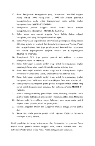 12. Surat Pernyataan keanggotaan yang menyatakan memiliki anggota
paling sedikit 1.000 orang atau 1/1.000 dari jumlah penduduk
kabupaten/kota pada setiap kepengurusan partai politik tingkat
kabupaten/kota (MODEL F2-PARPOL);
13. Rekapitulasi jumlah anggota Partai Politik dalam wilayah
kabupaten/kota ( Lampiran 1 MODEL F2-PARPOL);
14. Daftar nama dan alamat anggota Partai Politik dalam wilayah
kabupaten/kota yang disampaikan melalui Sipol;
15. Surat Pernyataan terpenuhinya keterwakilan perempuan paling sedikit
30% (tiga puluh perseratus) dari jumlah kepengurusan Tingkat Pusat,
dan memperhatikan 30% (tiga puluh persen) keterwakilan perempuan
dari jumlah kepengurusan Tingkat Provinsi dan Kabupaten/kota
(MODEL F3-PARPOL);
16. Rekapitulasi 30% (tiga puluh persen) keterwakilan perempuan
(Lampiran Model F3-PARPOL);
17. Surat Keterangan domisili kantor tetap untuk kepengurusan tingkat
pusat dari Camat atau Lurah/Kepala Desa atau sebutan lain;
18. Surat Keterangan domisili kantor tetap untuk kepengurusan tingkat
provinsi dari Camat atau Lurah/Kepala Desa atau sebutan lain;
19. Surat Keterangan domisili kantor tetap untuk kepengurusan tingkat
kabupaten/kota dari Camat atau Lurah/Kepala Desa atau sebutan lain;
20. Surat pernyataan pimpinan partai politik mengenai status kantor tetap
partai politik tingkat pusat, provinsi, dan kabupaten/kota (MODEL F4-
PARPOL);
21. Surat Keterangan tentang pendaftaran nama, lambang, dan/atau tanda
gambar Partai Politik dari Kementerian Hukum dan Hak Asasi Manusia;
22. Salinan bukti kepemilikan nomor Rekening atas nama partai politik
tingkat Pusat, provinsi, dan kabupaten/kota;
23. Salinan Anggaran Dasar dan Anggaran Rumah Tangga partai politik;
dan
24. Nama dan tanda gambar partai politik ukuran 10x10 cm berwarna
sebanyak 2 (dua) lembar.
Hasil penelitian terhadap kelengkapan dan keabsahan persyaratan Partai
Politik calon peserta Pemilu anggota DPR, DPRD Provinsi dan DPRD
kabupaten/kota untuk setiap Partai Politik sebagaimana terlampir.
 