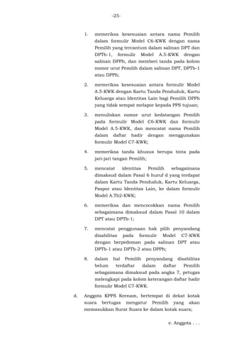 -25-
1. memeriksa kesesuaian antara nama Pemilih
dalam formulir Model C6-KWK dengan nama
Pemilih yang tercantum dalam salinan DPT dan
DPTb-1, formulir Model A.5-KWK dengan
salinan DPPh, dan memberi tanda pada kolom
nomor urut Pemilih dalam salinan DPT, DPTb-1
atau DPPh;
2. memeriksa kesesuaian antara formulir Model
A.5-KWK dengan Kartu Tanda Penduduk, Kartu
Keluarga atau Identitas Lain bagi Pemilih DPPh
yang tidak sempat melapor kepada PPS tujuan;
3. menuliskan nomor urut kedatangan Pemilih
pada formulir Model C6-KWK dan formulir
Model A.5-KWK, dan mencatat nama Pemilih
dalam daftar hadir dengan menggunakan
formulir Model C7-KWK;
4. memeriksa tanda khusus berupa tinta pada
jari-jari tangan Pemilih;
5. mencatat identitas Pemilih sebagaimana
dimaksud dalam Pasal 6 huruf d yang terdapat
dalam Kartu Tanda Penduduk, Kartu Keluarga,
Paspor atau Identitas Lain, ke dalam formulir
Model A.Tb2-KWK;
6. memeriksa dan mencocokkan nama Pemilih
sebagaimana dimaksud dalam Pasal 10 dalam
DPT atau DPTb-1;
7. mencatat penggunaan hak pilih penyandang
disabilitas pada formulir Model C7-KWK
dengan berpedoman pada salinan DPT atau
DPTb-1 atau DPTb-2 atau DPPh;
8. dalam hal Pemilih penyandang disabilitas
belum terdaftar dalam daftar Pemilih
sebagaimana dimaksud pada angka 7, petugas
melengkapi pada kolom keterangan daftar hadir
formulir Model C7-KWK.
d. Anggota KPPS Keenam, bertempat di dekat kotak
suara bertugas mengatur Pemilih yang akan
memasukkan Surat Suara ke dalam kotak suara;
e. Anggota . . .
 