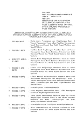 LAMPIRAN
PERATURAN KOMISI PEMILIHAN UMUM
NOMOR TAHUN 2015
TENTANG
PEMUNGUTAN DAN PENGHITUNGAN
SUARA PEMILIHAN GUBERNUR DAN
WAKIL GUBERNUR, BUPATI DAN WAKIL
BUPATI, DAN/ATAU WALIKOTA DAN
WAKIL WALIKOTA
JENIS FORMULIR PEMUNGUTAN DAN PENGHITUNGAN SUARA PEMILIHAN
GUBERNUR DAN WAKIL GUBERNUR, BUPATI DAN WAKIL BUPATI, DAN/ATAU
WALIKOTA DAN WAKIL WALIKOTA
1. MODEL C-KWK : Berita Acara Pemungutan dan Penghitungan Suara di
Tempat Pemungutan Suara dalam Pemilihan Gubernur dan
Wakil Gubernur/Bupati dan Wakil Bupati/Walikota dan
Wakil Walikota.
2. MODEL C1-KWK : Sertifikat Hasil Penghitungan Perolehan Suara di Tempat
Pemungutan Suara dalam Pemilihan Gubernur dan Wakil
Gubernur/Bupati dan Wakil Bupati/Walikota dan Wakil
Walikota.
3. LAMPIRAN MODEL
C1-KWK
: Rincian Hasil Penghitungan Perolehan Suara di Tempat
Pemungutan Suara dalam Pemilihan Gubernur dan Wakil
Gubernur/Bupati dan Wakil Bupati/Walikota dan Wakil
Walikota.
4. MODEL CI-KWK
PLANO
: Catatan Hasil Penghitungan Perolehan Suara di Tempat
Pemungutan Suara dalam Pemilihan Gubernur dan Wakil
Gubernur/Bupati dan Wakil Bupati/Walikota dan Wakil
Walikota.
5. MODEL C2-KWK : Catatan Kejadian Khusus dan/atau Keberatan Saksi dalam
Pelaksanaan Pemungutan dan Penghitungan Suara di
Tempat Pemungutan Suara dalam Pemilihan Gubernur dan
Wakil Gubernur/Bupati dan Wakil Bupati/Walikota dan
Wakil Walikota.
6. MODEL C3-KWK : Surat Pernyataan Pendamping Pemilih.
7. MODEL C4-KWK : Surat Pengantar Penyampaian Berita Acara Pemungutan
Suara dan Penghitungan Suara di TPS.
8. MODEL C5-KWK : Tanda Terima Penyampaian Sertifikat Hasil dan Rincian
Penghitungan Perolehan Suara di TPS dalam Pemilihan
Gubernur dan Wakil Gubernur/Bupati dan Wakil
Bupati/Walikota dan Wakil Walikota.
9. MODEL C6-KWK : Surat Pemberitahuan Pemungutan Suara Kepada Pemilih
10. MODEL C7-KWK : Daftar Hadir Pemilih di TPS Pemilihan Gubernur dan Wakil
Gubernur/Bupati dan Wakil Bupati/Walikota dan Wakil
Walikota.
 