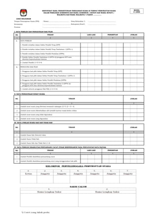 Tempat Pemungutan Suara (TPS) : Nomor………………………………….. Desa/Kelurahan *) : ……………………………………………..
Kecamatan : …………………………………………….. : ……………………………………………..
Provinsi : ……………………………………………..
I. DATA PEMILIH DAN PENGGUNAAN HAK PILIH
NO.
1
A.
B.
II. DATA PENGGUNAAN SURAT SUARA
1
1
2
3
4
1
1
2
3
NO.
1
1
2
Jumlah Suara Sah dan Tidak Sah (1+2)
2
Jumlah surat suara yang digunakan
Jumlah Suara Tidak Sah
Jumlah surat suara dikembalikan oleh pemilih karena rusak/keliru coblos
3
JUMLAH
Jumlah Suara Sah Seluruh Calon
Jumlah surat suara yang diterima termasuk cadangan 2,5 % (2 + 3 + 4)
URAIAN
Jumlah surat suara yang tidak digunakan
3
LOGO HOLOGRAM
1. Pengguna hak pilih dalam Daftar Pemilih Tetap (DPT)
2. Pemilih terdaftar dalam Daftar Pemilih Tetap Tambahan-1 (DPTb-1)
3. Pemilih terdaftar dalam Daftar Pemilih Pindahan (DPPh)
4. Pemilih Daftar Pemilih Tambahan-2 (DPTb-2)/pengguna KTP atau
identitas kependudukan lainnya
2. Pengguna hak pilih dalam Daftar Pemilih Tetap Tambahan-1 (DPTb-1)
PEREMPUAN JUMLAH
NO. JUMLAHURAIAN
5
5. Jumlah Pemilih (1+2+3+4)
2
DALAM PEMILIHAN GUBERNUR DAN WAKIL GUBERNUR / BUPATI DAN WAKIL BUPATI /
2 3 4 5
PENGGUNA HAK PILIH
DATA PEMILIH
Kabupaten/Kota*)
URAIAN LAKI-LAKI
JUMLAH
III. DATA JUMLAH SUARA SAH DAN TIDAK SAH
NO.
3 4
1. Pemilih terdaftar dalam Daftar Pemilih Tetap (DPT)
3. Pengguna hak pilih dalam Daftar Pemilih Pindahan (DPPh)
4. Pengguna hak pilih dalam Daftar Pemilih Tambahan-2 (DPTb-2)/
pengguna KTP atau identitas kependudukan lainnya
5. Jumlah seluruh pengguna Hak Pilih (1+2+3+4)
2
IV. DATA PEMILIH DISABILITAS/PENYANDANG CACAT (TIDAK BERPENGARUH PADA PENCATATAN DATA DIATAS)
SERTIFIKAT HASIL PENGHITUNGAN PEROLEHAN SUARA DI TEMPAT PEMUNGUTAN SUARA
Jumlah Pemilih disabilitas/penyandang cacat
Jumlah Pemilih disabilitas/penyandang cacat yang menggunakan hak pilih
URAIAN LAKI-LAKI PEREMPUAN
WALIKOTA DAN WAKIL WALIKOTA *) TAHUN …………….
MODEL
C1-KWK
 