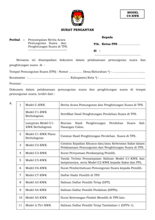 SURAT PENGANTAR
Perihal : Penyampaian Berita Acara
Pemungutan Suara dan
Penghitungan Suara di TPS.
----------------------------------
Bersama ini disampaikan dokumen dalam pelaksanaan pemungutan suara dan
penghitungan suara di :
Tempat Pemungutan Suara (TPS) : Nomor ..………… Desa/Kelurahan *) : ..…............…….…........
Kecamatan : ……………….…………………… Kabupaten/Kota *) : …..............................................
Provinsi : …………………………….……………......……………………………............…………...……........
Dokumen dalam pelaksanaan pemungutan suara dan penghitungan suara di tempat
pemungutan suara, terdiri dari :
1 Model C-KWK Berita Acara Pemungutan dan Penghitungan Suara di TPS.
Model C1-KWK
Berhologram
Sertifikat Hasil Penghitungan Perolehan Suara di TPS.
Lampiran Model C1-
KWK Berhologram
Rincian Hasil Penghitungan Perolehan Suara Sah
Pasangan Calon.
2 Model C1-KWK Plano
Berhologram
Catatan Hasil Penghitungan Perolehan Suara di TPS.
3 Model C2-KWK
Catatan Kejadian Khusus dan/atau Keberatan Saksi dalam
Pelaksanaan Pemungutan dan Penghitungan Suara di TPS.
4 Model C3-KWK Surat Pernyataan Pendamping Pemilih.
5 Model C5-KWK
Tanda Terima Penyampaian Salinan Model C1-KWK dan
lampirannya, serta Model C2-KWK kepada Saksi dan PPL.
6 Model C6-KWK Surat Pemberitahuan Pemungutan Suara kepada Pemilih.
7 Model C7-KWK Daftar Hadir Pemilih di TPS
8 Model A3-KWK Salinan Daftar Pemilih Tetap (DPT).
9 Model A4-KWK Salinan Daftar Pemilih Pindahan (DPPh).
10 Model A5-KWK Surat Keterangan Pindah Memilih di TPS lain.
11 Model A.Tb1-KWK Salinan Daftar Pemilih Tetap Tambahan-1 (DPTb-1).
Kepada
Yth. Ketua PPS ………....…….…
di -
……………………………………..
MODEL
C4-KWK
A.
 