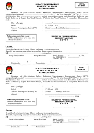 Bersama ini diberitahukan bahwa Kelompok Penyelenggara Pemungutan Suara (KPPS)
mengundang Saudara/i …................................................ (L/P *) No. Urut dalam DPT/DPTb-1 *) : ……….,
NIK/Identitas lain ………………………………… untuk memberikan suara pada Pemilihan Gubernur dan
Wakil Gubernur / Bupati dan Wakil Bupati / Walikota dan Wakil Walikota *) yang akan dilaksanakan
pada :
H a r i/Tanggal : …………/ ……………………………………………
Pukul : 07.00 s/d 13.00
Tempat Pemungutan Suara (TPS) : Nomor ......... Desa/ Kelurahan ………...…….
Alamat : …….……………...............................................
……………………., ………………… ............
KELOMPOK PENYELENGGARA
PEMUNGUTAN SUARA
K E T U A
(………………………………..)
Catatan :
-Surat Pemberitahuan ini agar dibawa pada saat pemungutan suara.
-Pemilih penyandang cacat diberi kemudahan dalam memberikan suara.
-------------------------------------------------------- gunting disini----------------------------------------------------------------
Yang menyerahkan Yang Menerima Nama Pemilih : ....................(L/P *)
No. DPT/DPTb-1 : ....................
Diterima Tgl. …….……………………
(………………………………….) (……………………………….)
Nama Jelas Nama Jelas
Bersama ini diberitahukan bahwa Kelompok Penyelenggara Pemungutan Suara (KPPS)
mengundang Saudara/i …................................................ (L/P *) No. Urut dalam DPT/DPTb-1 *) : ……….,
NIK/Identitas lain ………………………………… untuk memberikan suara pada Pemilihan Gubernur dan
Wakil Gubernur / Bupati dan Wakil Bupati / Walikota dan Wakil Walikota *) yang akan dilaksanakan
pada :
H a r i/Tanggal : …………/ …………………………………………..
Pukul : 07.00 s/d 13.00
Tempat Pemungutan Suara (TPS) : Nomor ......... Desa/ Kelurahan ………...…….
Alamat : …….……………...............................................
……………………., ………………… 2014
KELOMPOK PENYELENGGARA
PEMUNGUTAN SUARA
K E T U A
(………………………………..)
Catatan :
-Surat Pemberitahuan ini agar dibawa pada saat pemungutan suara.
-Pemilih penyandang cacat diberi kemudahan dalam memberikan suara.
-------------------------------------------------------- gunting disini----------------------------------------------------------------
Yang menyerahkan Yang Menerima Nama Pemilih : ....................(L/P*)
No. DPT/Dptb-1 : ....................
Diterima Tgl. …….…………………...
(………………………………….) (……………………………….)
Nama Jelas Nama Jelas
MODEL
C6-KWK
SURAT PEMBERITAHUAN
PEMUNGUTAN SUARA
KEPADA PEMILIH
Tata cara pemberian suara :
- Coblos pada nomor urut atau foto
atau nama Calon
MODEL
C6-KWK
Tata cara pemberian suara :
- Coblos pada nomor urut atau foto
atau nama Calon
SURAT PEMBERITAHUAN
PEMUNGUTAN SUARA
KEPADA PEMILIH
 