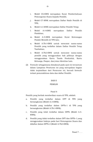 -9-
i. Model C6-KWK merupakan Surat Pemberitahuan
Pemungutan Suara kepada Pemilih;
j. Model C7-KWK merupakan Daftar Hadir Pemilih di
TPS;
k. Model A.3-KWK merupakan Daftar Pemilih Tetap;
l. Model A.4-KWK merupakan Daftar Pemilih
Pindahan;
m. Model A.5-KWK merupakan Surat Keterangan
Pindah Memilih di TPS lain;
n. Model A.Tb1-KWK untuk mencatat nama-nama
Pemilih yang terdaftar dalam Daftar Pemilih Tetap
Tambahan;
o. Model A.Tb2-KWK untuk mencatat nama-nama
pemilih yang menggunakan hak pilihnya dengan
menggunakan Kartu Tanda Penduduk, Kartu
Keluarga, Paspor, dan/atau Identitas Lain.
(2) Formulir sebagaimana dimaksud pada ayat (1) tercantum
dalam Lampiran Peraturan ini yang merupakan bagian
tidak terpisahkan dari Peraturan ini, kecuali formulir
terkait pemutakhiran data dan daftar Pemilih.
BAB II
PEMILIH
Pasal 6
Pemilih yang berhak memberikan suara di TPS, adalah:
a. Pemilih yang terdaftar dalam DPT di TPS yang
bersangkutan (Model A.3–KWK);
b. Pemilih yang terdaftar dalam DPTb-1 di TPS yang
bersangkutan (Model A.Tb1-KWK);
c. Pemilih yang telah terdaftar dalam DPPh (Model A.4-
KWK);
d. Pemilih yang tidak terdaftar dalam DPT dan DPTb-1 yang
menggunakan haknya pada hari Pemungutan Suara dan
didaftar dalam DPTb-2 (Model A.Tb2-KWK).
Pasal 7 . . .
 