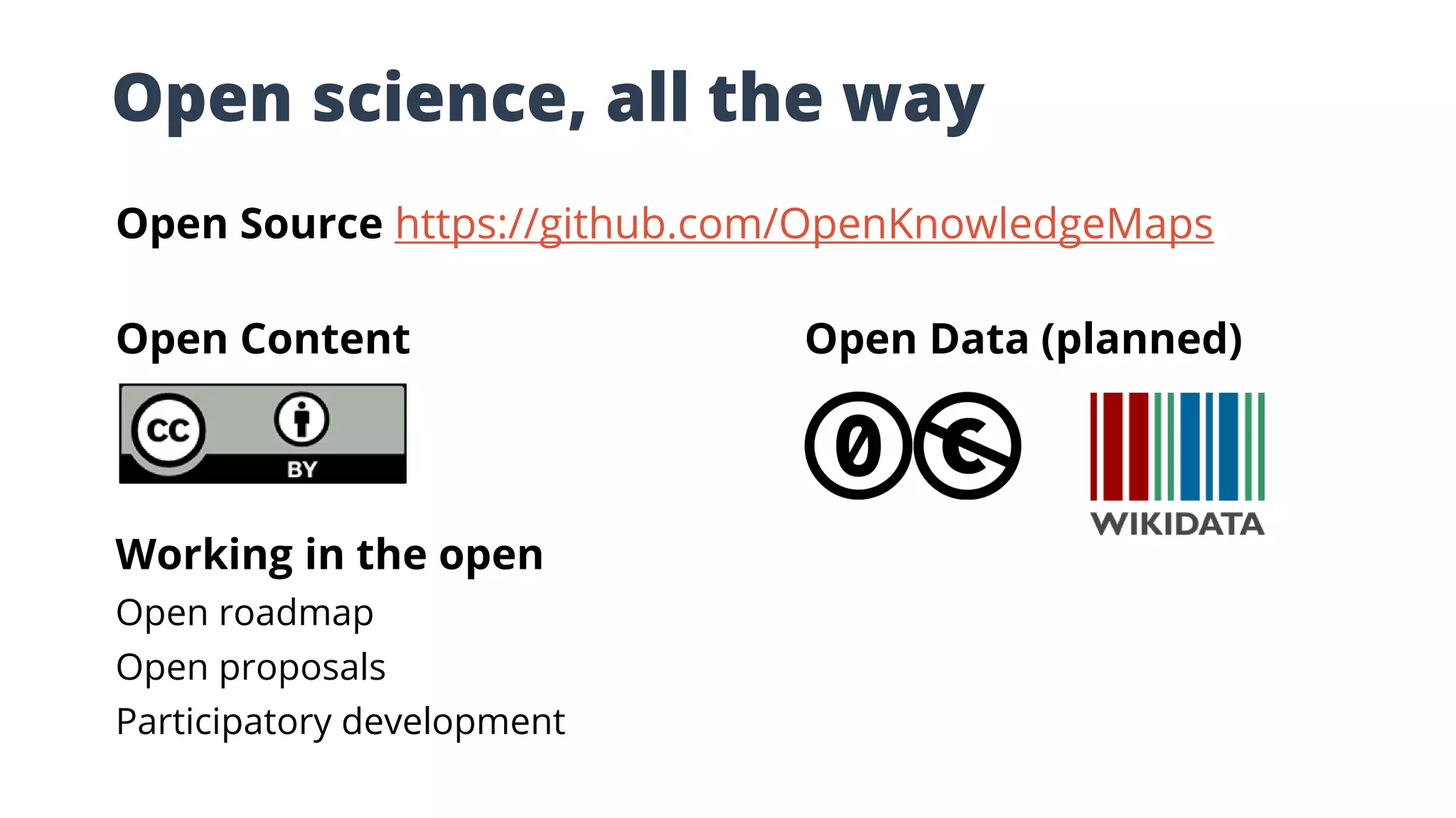 Open science, all the way
Open Source https://github.com/OpenKnowledgeMaps
Open Content Open Data (planned)
Working in the open
Open roadmap
Open proposals
Participatory development
 