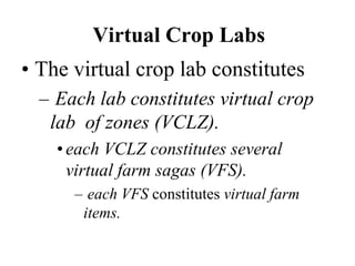 Virtual Crop Labs 
• The virtual crop lab constitutes 
– Each lab constitutes virtual crop 
lab of zones (VCLZ). 
• each VCLZ constitutes several 
virtual farm sagas (VFS). 
– each VFS constitutes virtual farm 
items. 
 