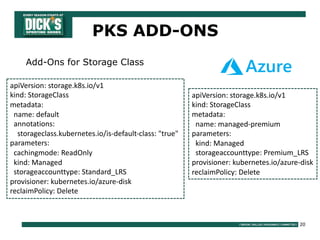20
Add-Ons for Storage Class
PKS ADD-ONS
apiVersion: storage.k8s.io/v1
kind: StorageClass
metadata:
name: default
annotations:
storageclass.kubernetes.io/is-default-class: "true"
parameters:
cachingmode: ReadOnly
kind: Managed
storageaccounttype: Standard_LRS
provisioner: kubernetes.io/azure-disk
reclaimPolicy: Delete
apiVersion: storage.k8s.io/v1
kind: StorageClass
metadata:
name: managed-premium
parameters:
kind: Managed
storageaccounttype: Premium_LRS
provisioner: kubernetes.io/azure-disk
reclaimPolicy: Delete
 