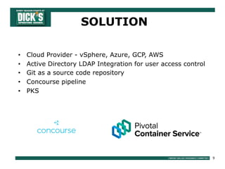 9
• Cloud Provider - vSphere, Azure, GCP, AWS
• Active Directory LDAP Integration for user access control
• Git as a source code repository
• Concourse pipeline
• PKS
SOLUTION
 