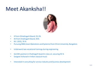 Meet Akanksha!!
• X from Chhattisgarh Board, 91.3%
• XII from Chattisgarh Board, 95%
• B.E. (ECE), 76 %
• Pursuing MBA (Lean Operations and Systems) from Christ University, Bangalore.
• Underwent two vocational trainings during engineering
• Got 8th position in Chattisgarh board in class xii, securing 95 %
• Sangeet Visharad in Indian classical music
• Interested in consulting for service industry and business development
SL 13
 