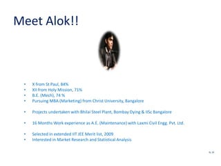 Meet Alok!!
• X from St Paul, 84%
• XII from Holy Mission, 71%
• B.E. (Mech), 74 %
• Pursuing MBA (Marketing) from Christ University, Bangalore
• Projects undertaken with Bhilai Steel Plant, Bombay Dying & IISc Bangalore
• 16 Months Work experience as A.E. (Maintenance) with Laxmi Civil Engg. Pvt. Ltd.
• Selected in extended IIT JEE Merit list, 2009
• Interested in Market Research and Statistical Analysis
SL 14
 