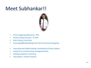 Meet Subhankar!!
• X from Jogamaya Memorial , 79%
• XII from Kalyani Central , 75.25%
• B.B.A. (Hons), First Class
• Pursuing MBA (Marketing) from Christ University, Bangalore
• Internship with Redfm Kolkata, United Bank of India ,Kolkata
• stood 1st in a national level management fest
• Holding a diploma in painting
• Interested in market research
SL 20
 