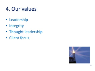 4. Our values
• Leadership
• Integrity
• Thought leadership
• Client focus
SL 6
 