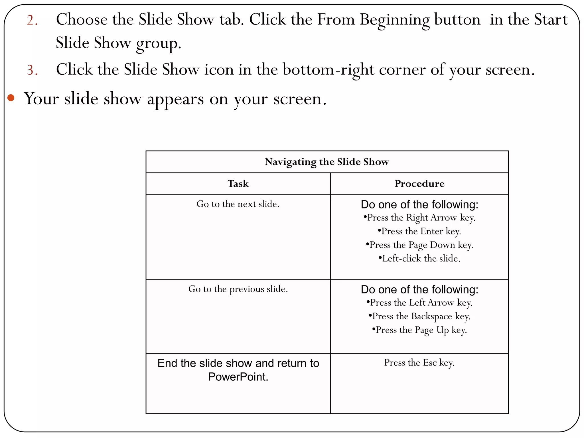 2. Choose the Slide Show tab. Click the From Beginning button in the Start
Slide Show group.
3. Click the Slide Show icon in the bottom-right corner of your screen.
 Your slide show appears on your screen.
Navigating the Slide Show
Task Procedure
Go to the next slide. Do one of the following:
•Press the Right Arrow key.
•Press the Enter key.
•Press the Page Down key.
•Left-click the slide.
Go to the previous slide. Do one of the following:
•Press the Left Arrow key.
•Press the Backspace key.
•Press the Page Up key.
End the slide show and return to
PowerPoint.
Press the Esc key.
 