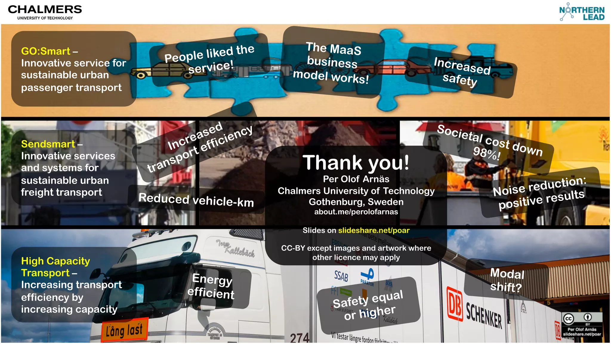 GO:Smart – 
Innovative service for 
sustainable urban 
passenger transport 
Sendsmart – 
Innovative services 
and systems for 
sustainable urban 
freight transport 
High Capacity 
Transport – 
Increasing transport 
efficiency by 
increasing capacity 
The MaaS 
business 
model works! 
People liked the 
service! Increased 
safety 
Societal cost down 
98%! 
Reduced vehicle-km Noise reduction: 
positive results 
Energy 
efficient 
Safety equal 
or higher 
Modal 
shift? 
Thank you! 
Per Olof Arnäs 
Chalmers University of Technology 
Gothenburg, Sweden 
about.me/perolofarnas 
Slides on slideshare.net/poar 
CC-BY except images and artwork where 
other licence may apply 
